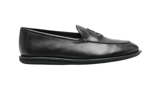 Logo Embroidered Leather Loafers - Black