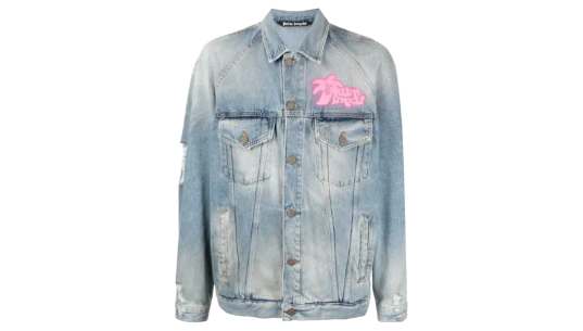 Graffiti Print Denim Jacket - Light Blue/Fuchsia Pink