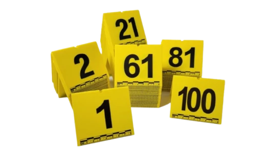 Evidence Tents with Scale, Numbered 1-100 - Yellow