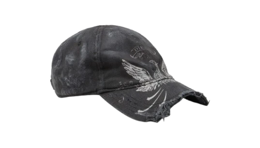 Eagle-Print Distressed Cap - Black