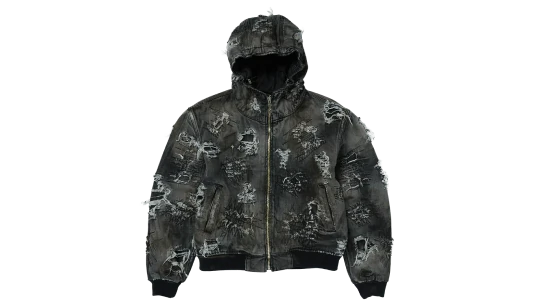Hard-Washed Damaged Denim Hooded Zip-Up - Black