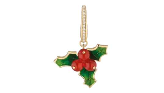 Woodland Holly Charm Enamelled 18ct Yellow Gold Red Agates