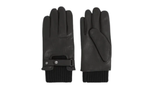 Leather Ribbed-Cuff Gloves - Black