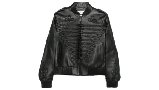 Embroidered Lamb Skin Leather Jacket - Black