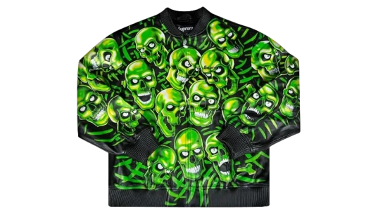 Skull Pile Leather Bomber Jacket - Green