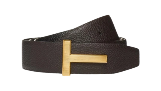 Grain Leather Ridge Buckle T Belt - Brown/Black