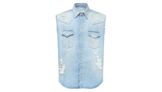 Sleeveless Distressed Washed Denim Shirt - Light Blue
