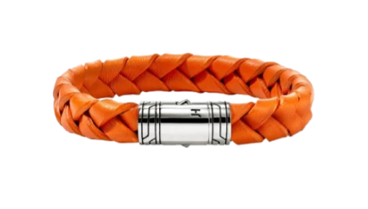 Braided Style Leather Bracelet - Sterling Silver/Orange