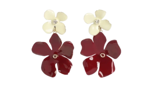Flower-Design Earrings - Burgundy