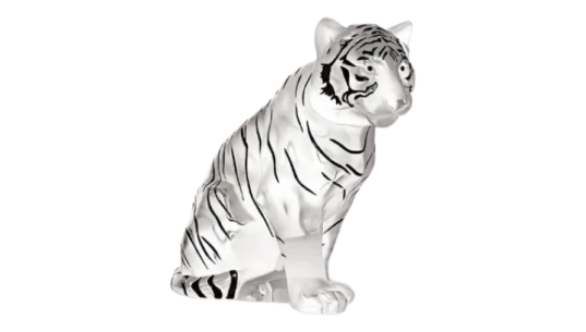 Sitting Tiger Large Sculpture - Clear/Black Enamelled Crystal