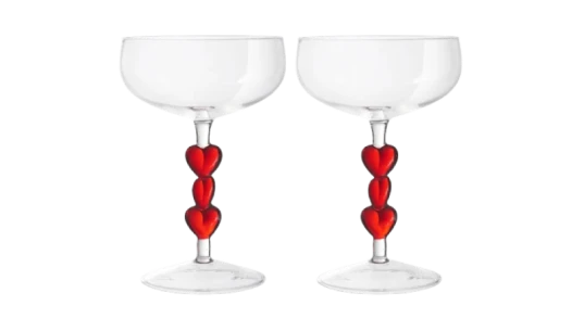 3D Red Heart Coupe Cocktail Glasses Set of 2 - Clear/Red