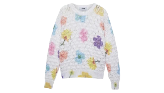 White Crochet Sweater with Maxi Floral Print - Multicolor