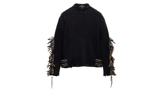 Wool Crew-Neck Sweater with Fringe & Studs - Black