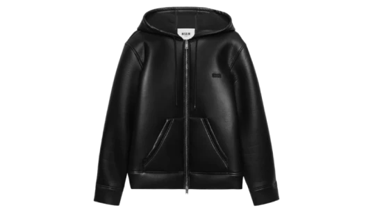 Zip-Up Embroidered Logo Leather Hoodie - Black