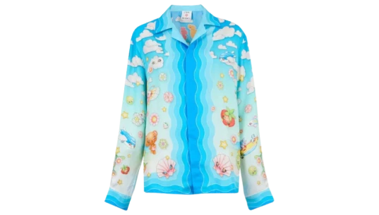 Kawaii Motif Silk Shirt - Blue