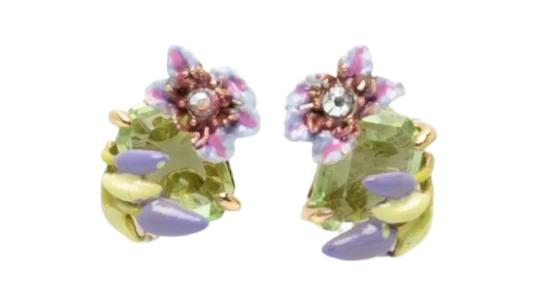 Purple Clematis & Ivy Emerald Cut Green Glass Post Earrings