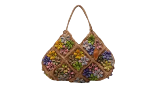 Raffia Floral-Embroidery Tote Bag - Beige/Multicolor