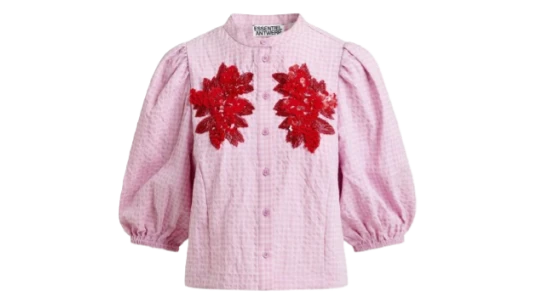Floral-Pattern Puffed-Sleeve Shirt - Light Pink