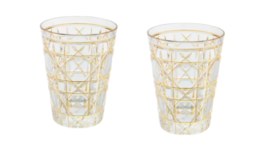 Set of Two Water Glasses - Crystal with Gold-Tone Cannage Motif