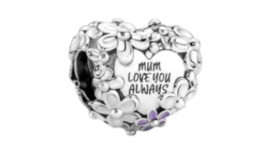 Mum Daisy Heart Charm - Sterling Silver
