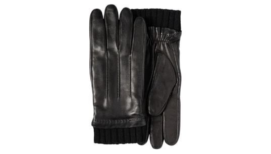 Embossed Logo Patch Leather & Cashemere Gloves - Black