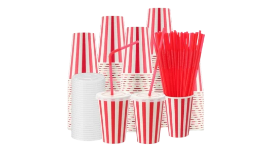 Red Stripe Paper Cups Bulk with Lids & Straws 50 PCs