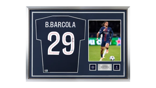 Bradley Barcola Official UCL Back Signed and Hero Framed 2025-26 Home Shirt
