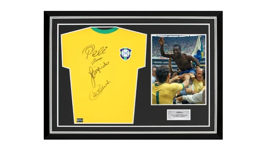 Pele, Gerson, Jairzinho & Carlos Alberto Front Signed Brazil 1970 Retro Shirt In Hero Frame: Option 1