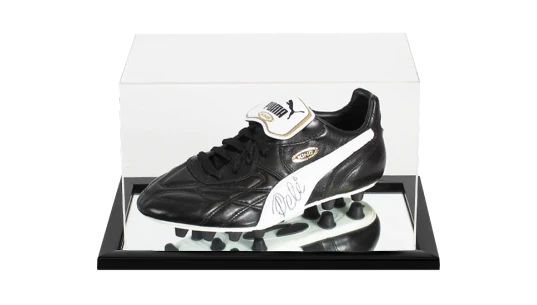 Pele Signed Black King Boot In Acrylic Case