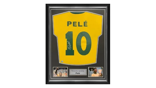 Pele Signed Brazil Football Shirt. Superior Frame Silver