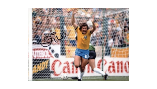 Zico Signed Brazil Football Photo: 1982 Goal