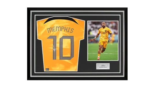 Memphis Depay Back Signed Netherlands 2022-23 Home Shirt with Fan Style Numbers In Hero Frame: Option 1