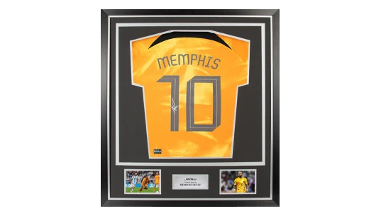Memphis Depay Back Signed Netherlands 2022-23 Home Shirt with Fan Style Numbers In Classic Frame