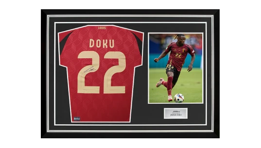 Jeremy Doku Back Signed Belgium 2024 Home Shirt In Hero Frame: Option 1