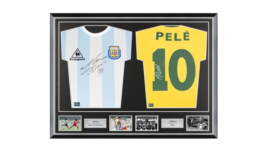 Diego Maradona Signed Argentina & Pele Signed Brazil Shirts In Classic Dual Frame