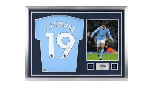Julian Alvarez Official UCL Back Signed & Hero Framed Manchester City 2023-24 Home Shirt