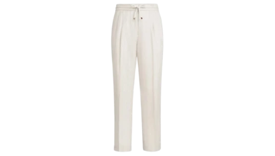 Linen Chalk Stripe Chevron Trousers With Drawstring & Double Pleats - White