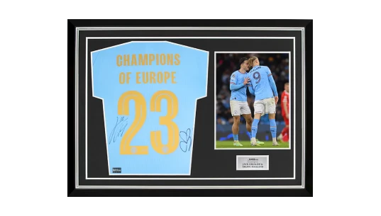 Jack Grealish & Erling Haaland Back Signed 2023-24 Home Shirt: COF Edition In Hero Frame: Option 1