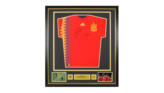 Xavi & Sergio Busquets Official World Cup Front Signed & Framed Spain 2018 Home Shirt