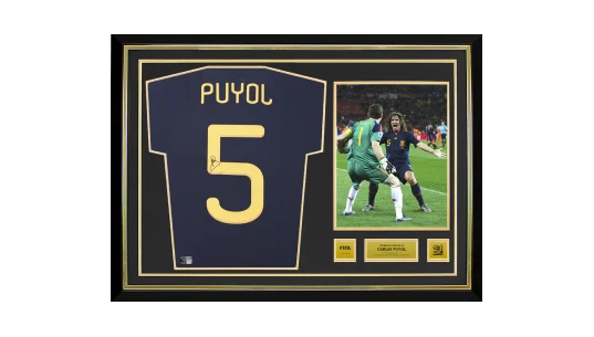 Carles Puyol Official 2010 World Cup Back Signed & Hero Framed Spain 2010 Away Shirt