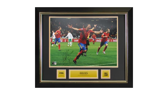 David Villa Official 2010 World Cup Signed & Framed Spain Photo: WC Goal vs Portugal