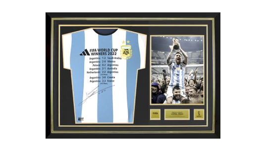 Lionel Messi Official 2022 World Cup Front Signed & Hero Framed Argentina 2022 Home Shirt: Stats Edition