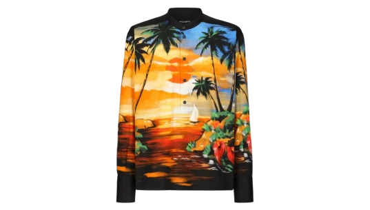 Sunset-Print Collarless Shirt - Black/Multicolor