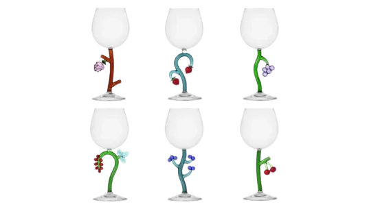 Fruits & Flowers Stem Glasses Set Of 6 - Clear/Multicolor