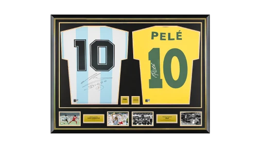 Diego Maradona Argentina & Pele Brazil Official World Cup Signed and Dual Framed Shirts