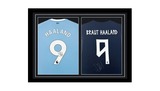 Autographed Erling Haaland Framed Shirts Manchester City & Norway Icon