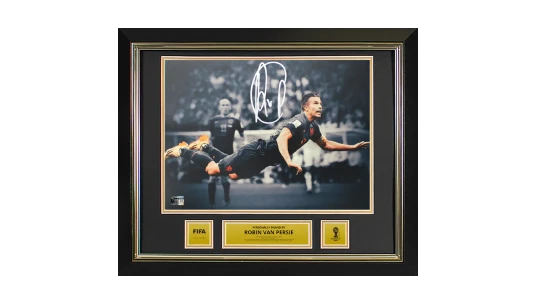 Robin van Persie Official 2014 World Cup Signed & Framed NE Photo: Diving Header vs Spain