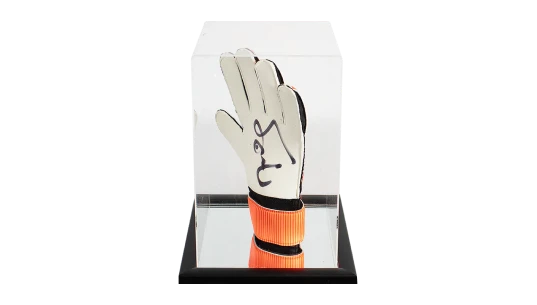 Peter Schmeichel Signed Orange Adidas Goalkeeper Glove In Acrylic Case