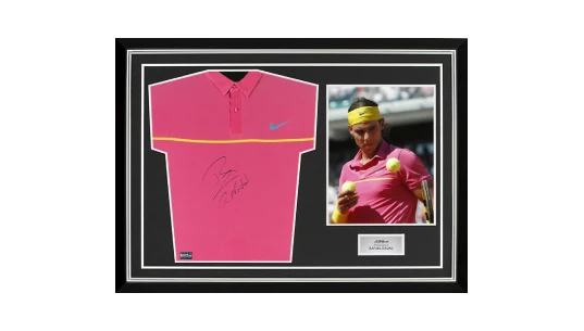 Match Worn Rafael Nadal Signed Pink & Yellow Shirt In Hero Frame