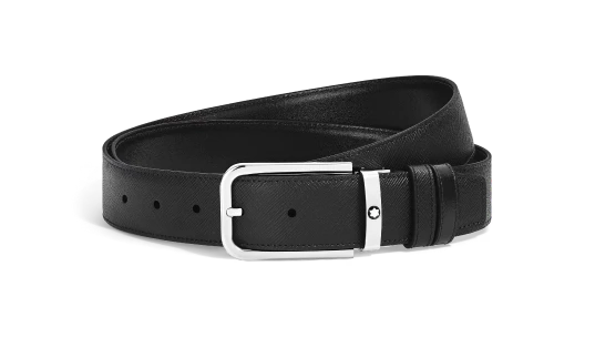 35 mm Reversible Belt in Sartorial Leather with Rectangular Buckle - Black